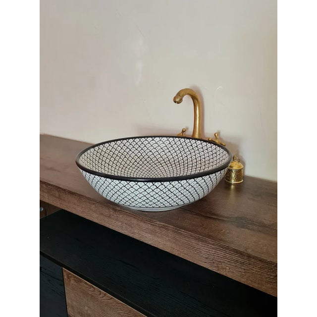 Contemporary Decorative Ceramic Sink Basin with Brass Tap - Set of 2 For Sale - Image 4 of 10