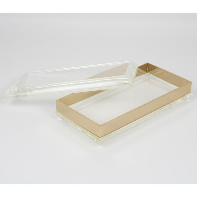 Transparent Philippe Cheverny Style Geometric Lucite and Gilded Metal Box, circa 1970 For Sale - Image 8 of 12