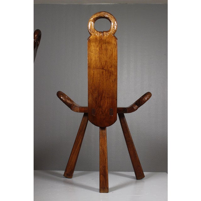 Mid-Century Modern Brutalist Tripod Chairs with Hand Carved Details, 1950s, Set of 2 For Sale - Image 9 of 17
