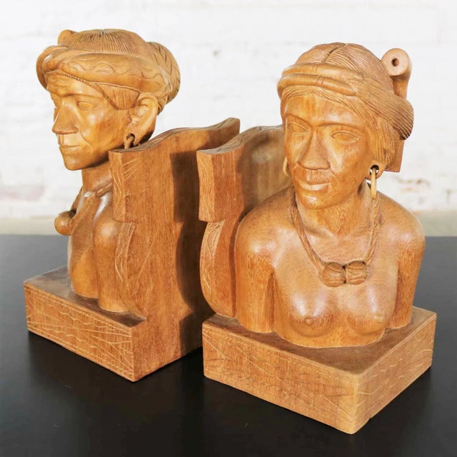 Vintage Tribal Figural Bookends Male and Female Hand Carved Wood- A Pair For Sale - Image 4 of 13