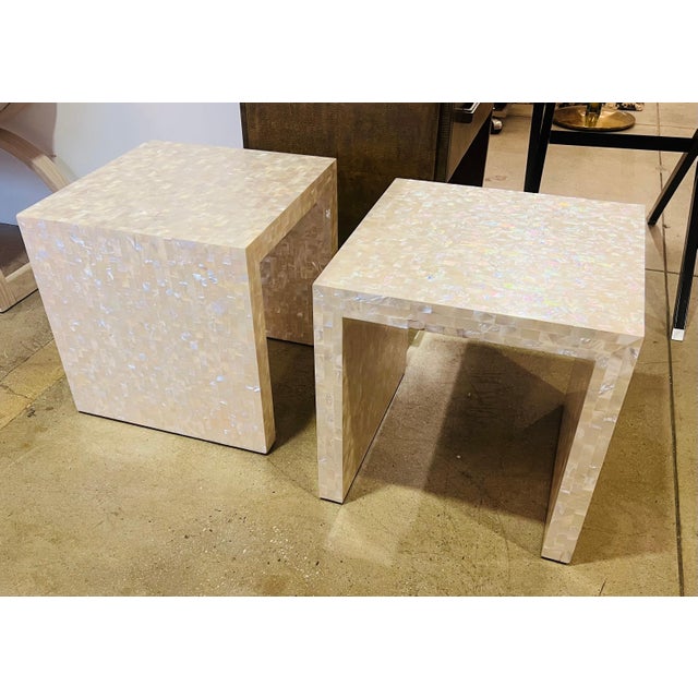 Pair of mother of pearl glamorous side tables designed by OscarDe La Renta for Century Furniture.