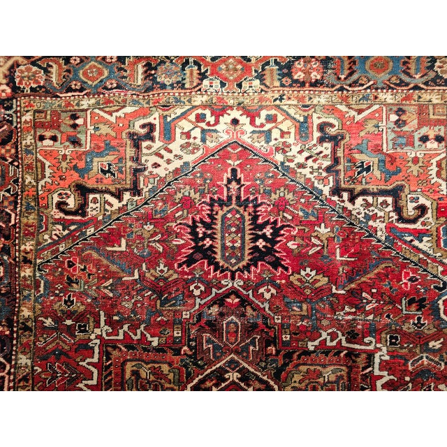 Vintage Persian Heriz Rug, Hand-Knotted Wool, Geometric Medallion Pattern, Red & Navy, 9x12 For Sale - Image 17 of 18