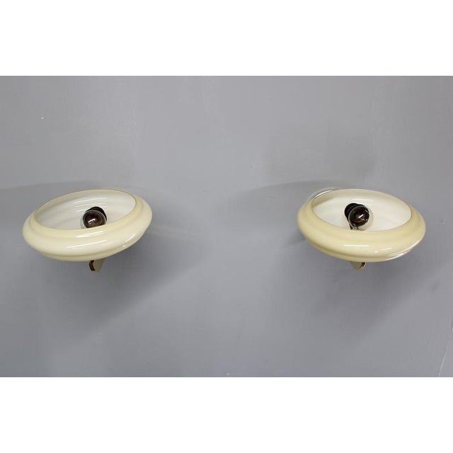 1940s Vintage Art Deco Brass Wall Lights with Opaline Glass Shades, 1940s, Set of 2 For Sale - Image 5 of 17