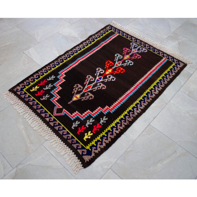 Textile Handwoven Kilim 3x4 - Vintage Turkish Prayer Rug - Dark Brown Organic Wool - Tree of Life Wall Hanging - Small Tribal Accent Rug For Sale - Image 7 of 11