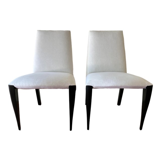 Contemporary Ebony and White Linen Dining Chairs For Sale