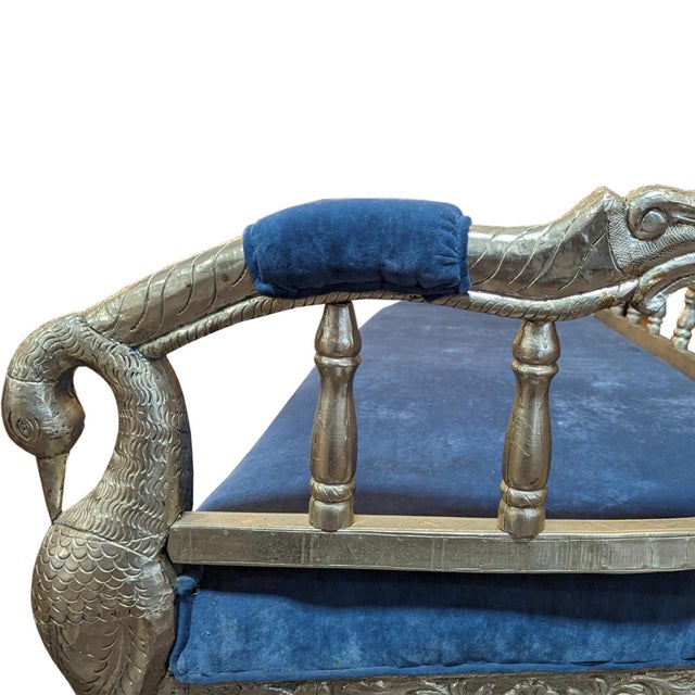 Wood 1970s Indian Ornate Silver Metal Clad Blue Velvet Maharaja Bench For Sale - Image 7 of 8