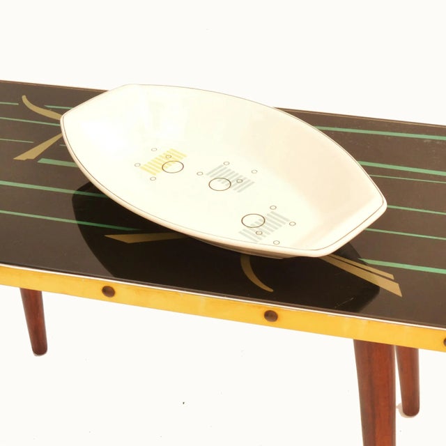 VEB Steingutfabrik Torgau ceramic platter in a 1950s style. Handmade bowl decorated with geometric patterns. Signature...