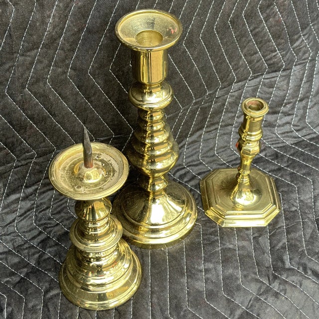 Virginia Metalcrafters Grouping of Virginia Metalcrafters Large Solid Brass Candle Holders - Set 3 For Sale - Image 4 of 10