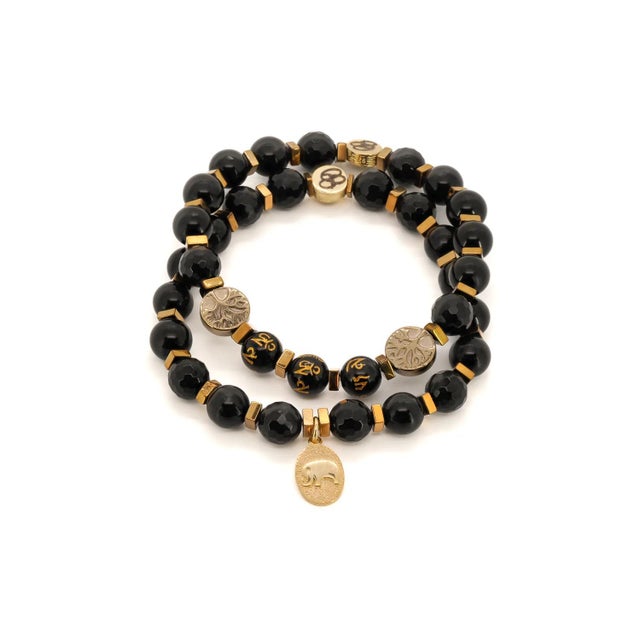 Onyx Stone Mantra Beaded Elephant Charm Bracelet Set For Sale In Miami - Image 6 of 6