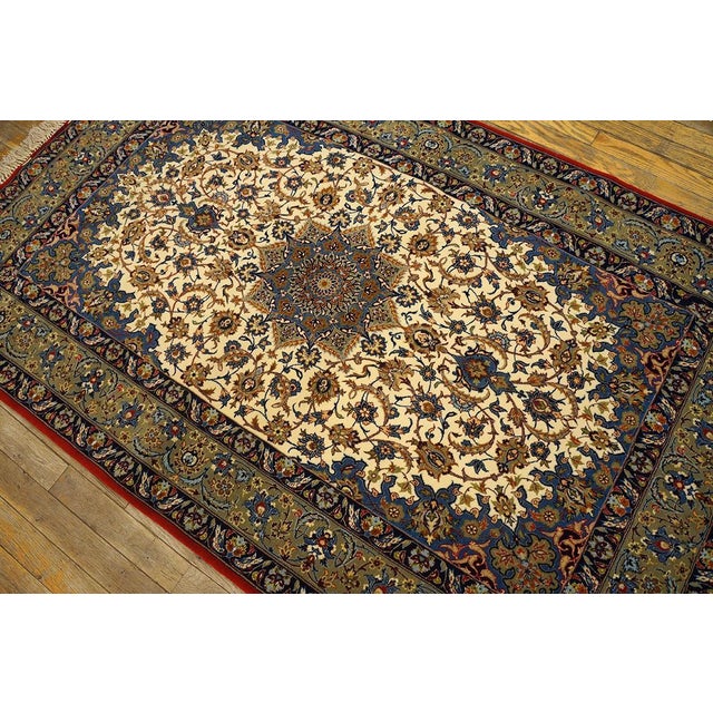 Persian 1940s Ivory Green Medallion Antique Isfahan Rug 3'7" X 5'6" Handknotted Wool Carpet For Sale - Image 3 of 5