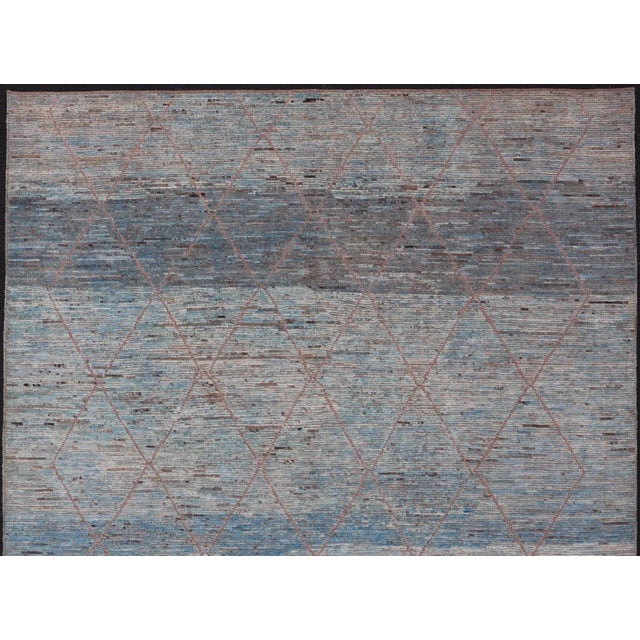Modern Tribal Rug in Wool With Sub-Geometric Design in Blue Tan & Ivory For Sale - Image 10 of 12