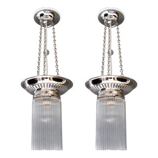 Vintage Nickel-Plated Ceiling Lamps with Glass Sticks, 1920, Set of 2 For Sale