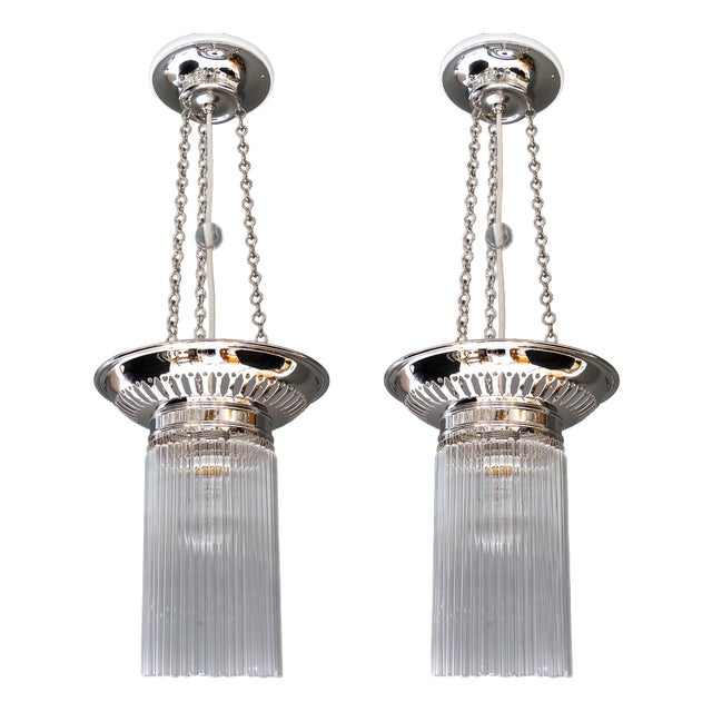 Vintage Nickel-Plated Ceiling Lamps with Glass Sticks, 1920, Set of 2 For Sale