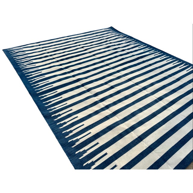 Textile Handwoven Cotton Area Flat Weave Rug Vegetable Dyed Indigo Blue and White Striped Dhurrie - 5'x7' For Sale - Image 7 of 10
