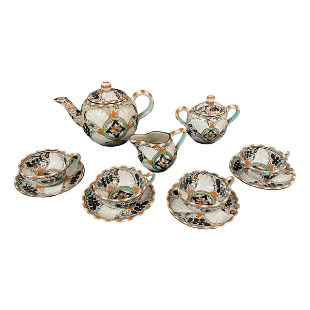 Italian Hand-Painted Ceramic Tea Service, 1930s, Set of 7 For Sale