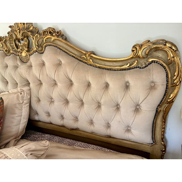 Vintage Italian Carved Painted Bed Frame Tufted Headboard Footboard Rails For Sale - Image 4 of 17