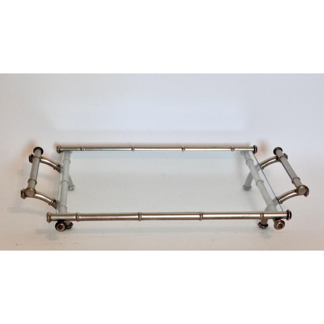 Mid Century Modern Silver & Glass Faux Bamboo Serving Drinks Cocktail Tray For Sale - Image 4 of 12
