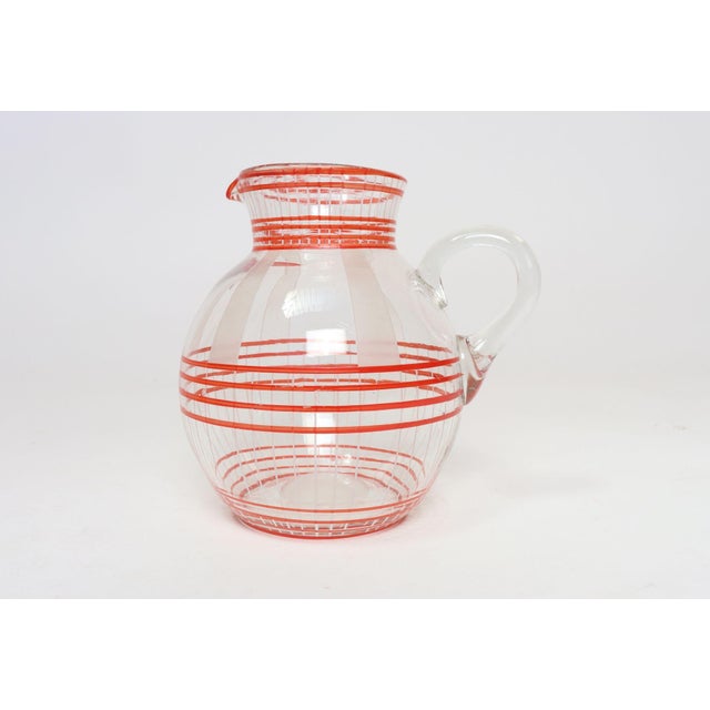1940s Art Deco Blown Glass Red Striped Bulbous Form Pitcher / Jug For Sale - Image 5 of 15