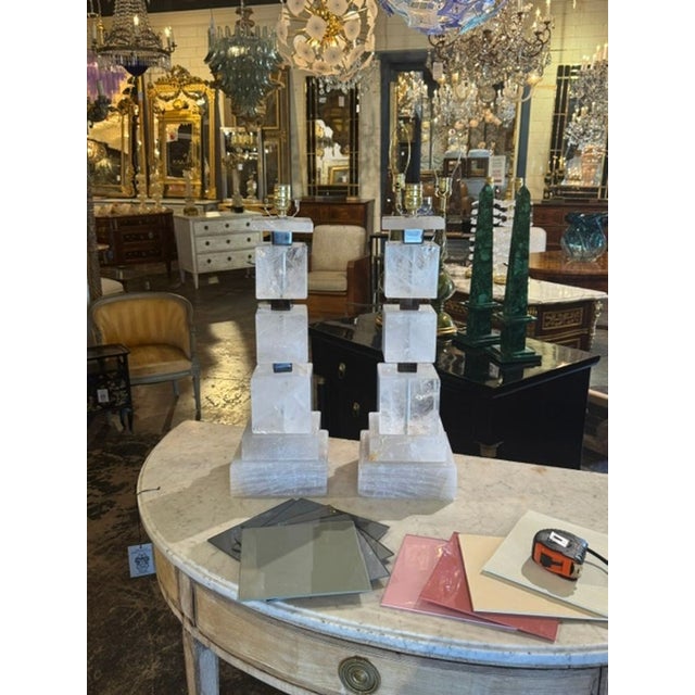 These French large scale rock crystal block lamps feature stunning crystal decoration, adding a touch of elegance and...
