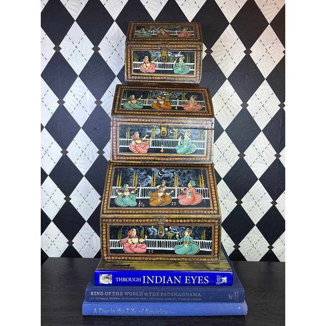 Trio Indian Hand-Painted Nesting Wooden Boxes - Mid 20th Century Set of 3 For Sale - Image 16 of 16