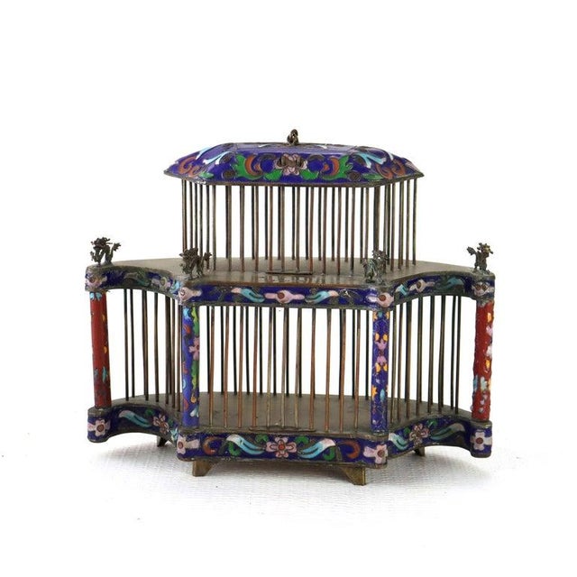 Antique Chinese Floral Cloisonne Enameled Cage With Miniature Dragons C1900 Measures - 7 3/8" x 9 1/4" x 3 3/8" This...
