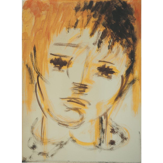 Roger Crusat, Sad Young Girl, Gouache on Paper For Sale