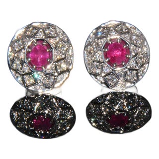 Certified Natural 1.6cts vs F Diamond Ruby 18k Solid Gold Geometric Disc Earrings, A Pair For Sale