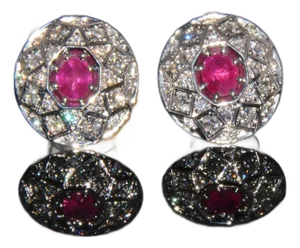 Certified Natural 1.6cts vs F Diamond Ruby 18k Solid Gold Geometric Disc Earrings, A Pair