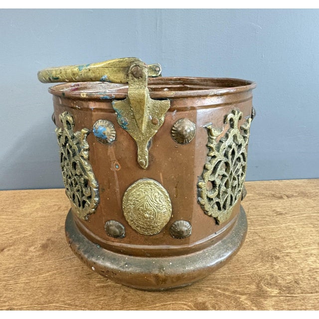 1960s Vintage Moroccan Copper & Brass Ornate Log Bucket / Planter For Sale - Image 5 of 8