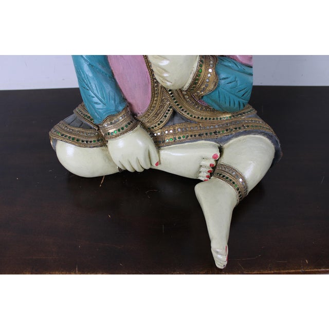 Mid 20th Century Mid 20th Century Wood Carved Seated Asian Baby Jeweled Lacquered Sculpture, Thailand For Sale - Image 5 of 11