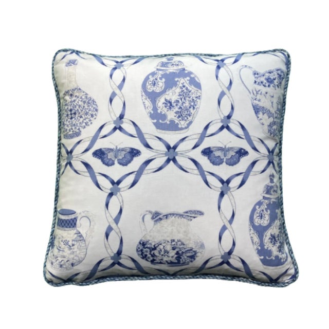 Blue and White Ceramics Butterfly Ribbon Designer Pillow With Down Feather Insert For Sale In Philadelphia - Image 6 of 6