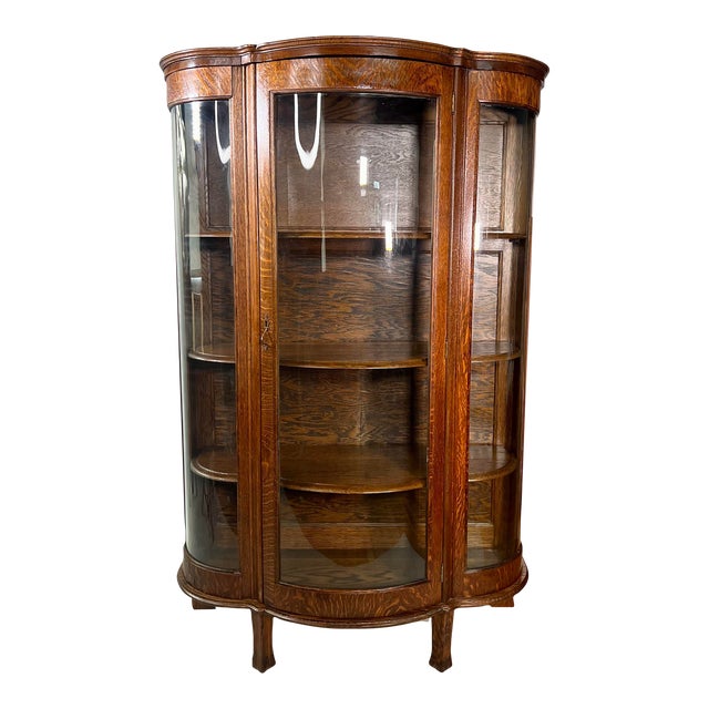 Antique American Tiger Oak Bow Front China, Display, Curio