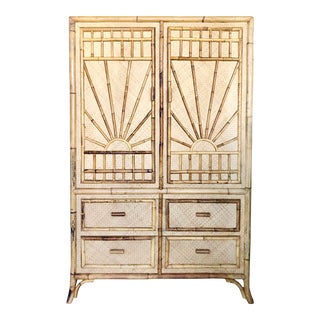 Vintage Rattan Burnt Bamboo Armoire For Sale