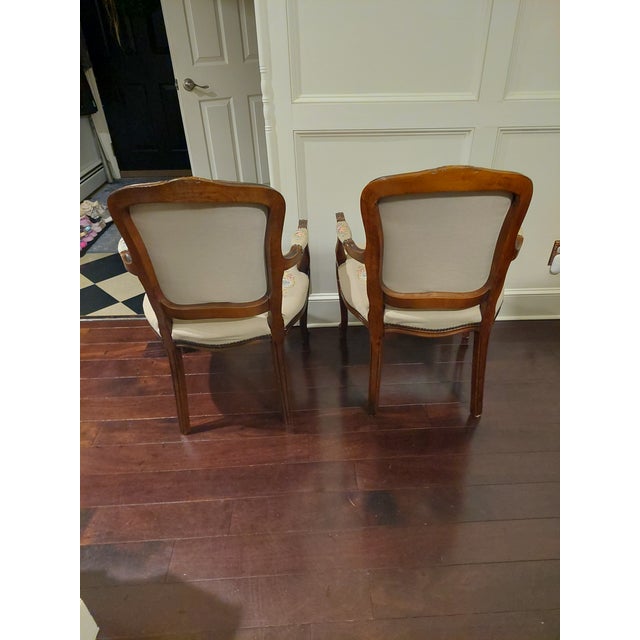 Louis XV Style Carved Wood Arm Chairs With Floral Tapestry Upholstry For Sale - Image 4 of 8
