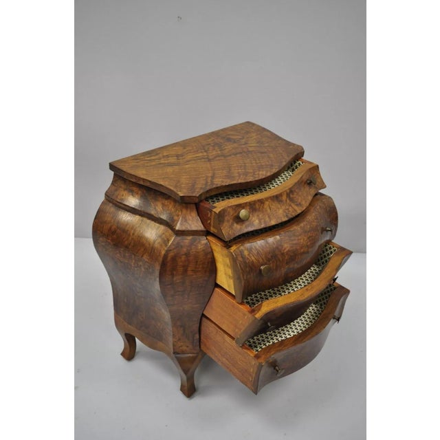 Small Italian Jewelry Chest Burl Olive Wood French Louis XV Style Bombe Commode For Sale - Image 10 of 10