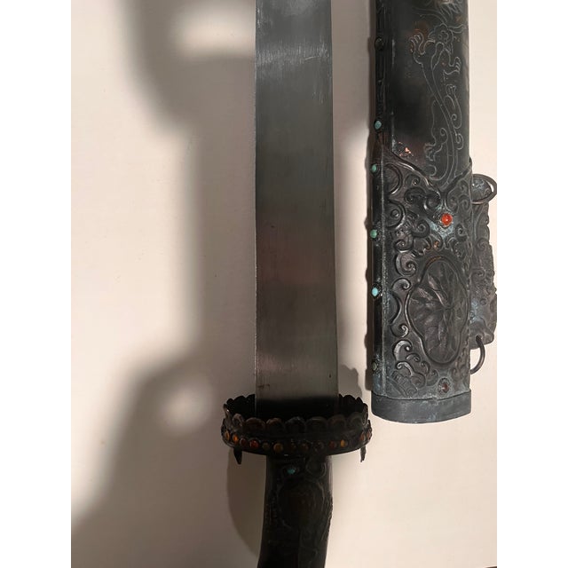 Vintage Sino Tibetan Short Sword Dagger Hand Forged Steel Repousse Scabbard 25" For Sale - Image 12 of 15
