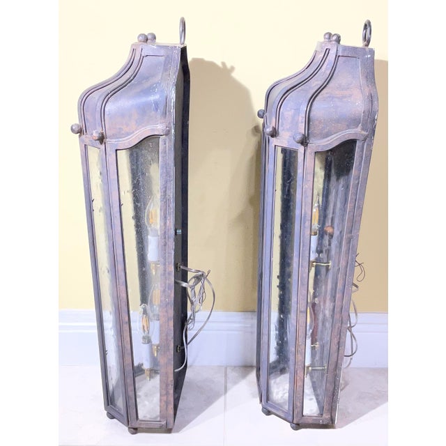 Large Exceptional Pair of Hand-Forged Iron Wall Lanterns Architectural Sconces For Sale - Image 12 of 14