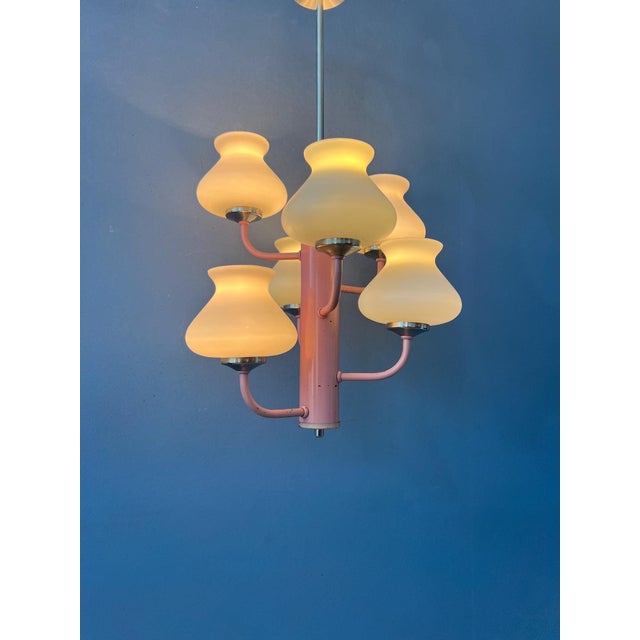 Mid-Century White Opaline Glass Chandelier with Pink Frame For Sale - Image 3 of 13