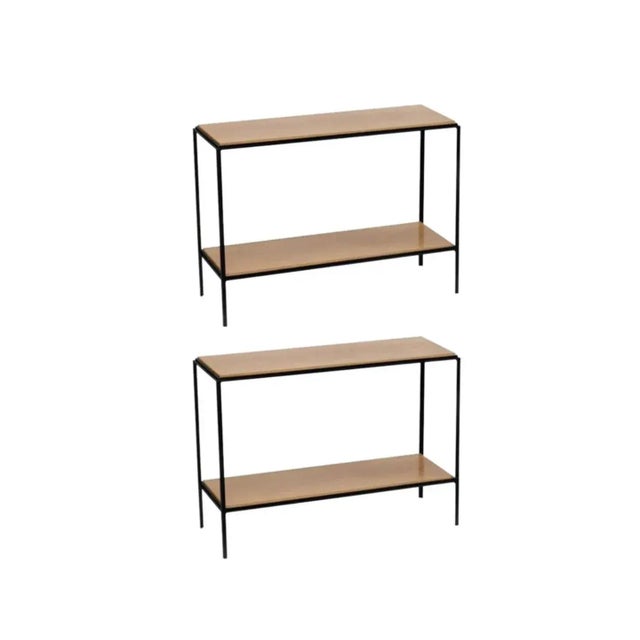 Pair of Chic Wrought Iron and Oak 'Rectiligne' End Tables by Design Frères For Sale - Image 9 of 9