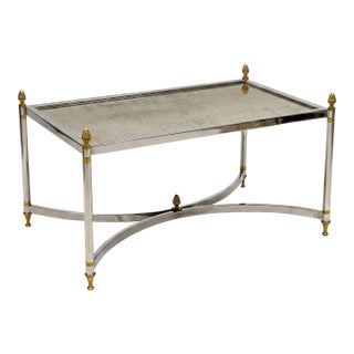 20th-C. Maison Jansen Inspired Chrome and Brass Coffee Table W/ Mirror or Glass For Sale