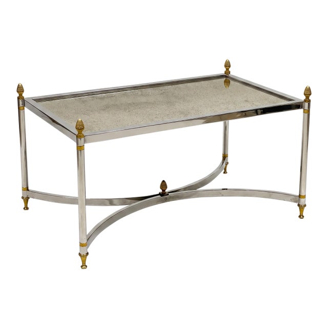 20th-C. Maison Jansen Inspired Chrome and Brass Coffee Table W/ Mirror or Glass For Sale