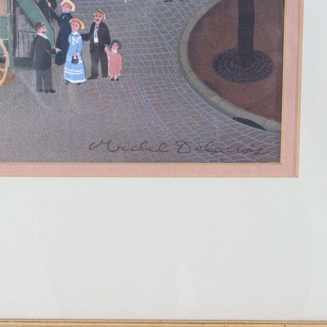 This framed print by renowned French artist Michel Delacroix captures a bustling Parisian street scene, characteristic of...
