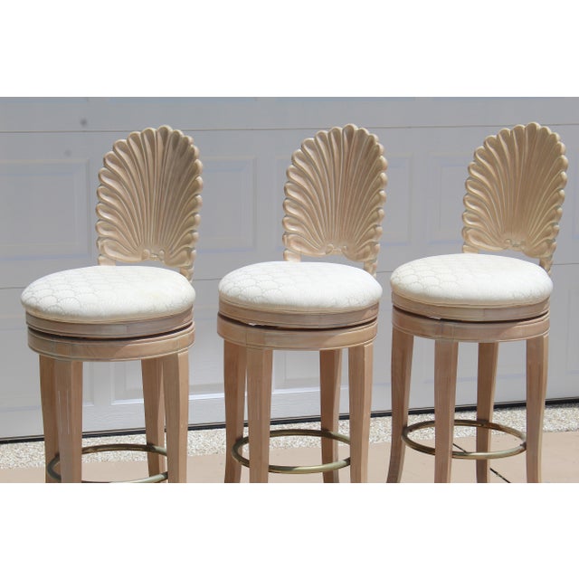 1980s Vintage Italian Hollywood Regency Grotto Shell-Back Swivel Bar Stools - Set of 3 For Sale - Image 13 of 18