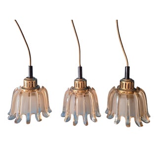 Mid-Century Modern Pendant Lights in Brass and Amber-Colored Frosted Glass from Doria, Set of 3 For Sale