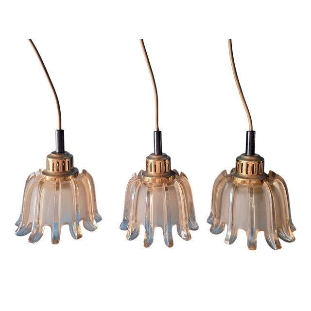 Mid-Century Modern Pendant Lights in Brass and Amber-Colored Frosted Glass from Doria, Set of 3 For Sale