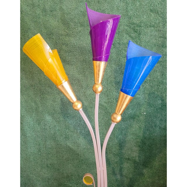 Arredoluce Vintage Mid Century Modern Memphis Style 3 Light Yellow Purple Blue Tulip Colored Lucite Table Lamp For Sale - Image 4 of 8