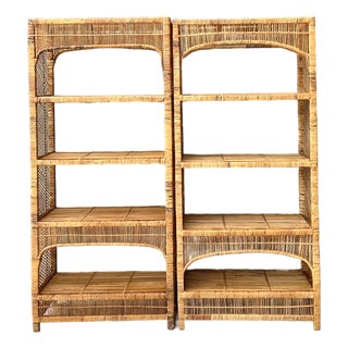 Vintage Woven Rattan Low Etagere - Set of 2 For Sale