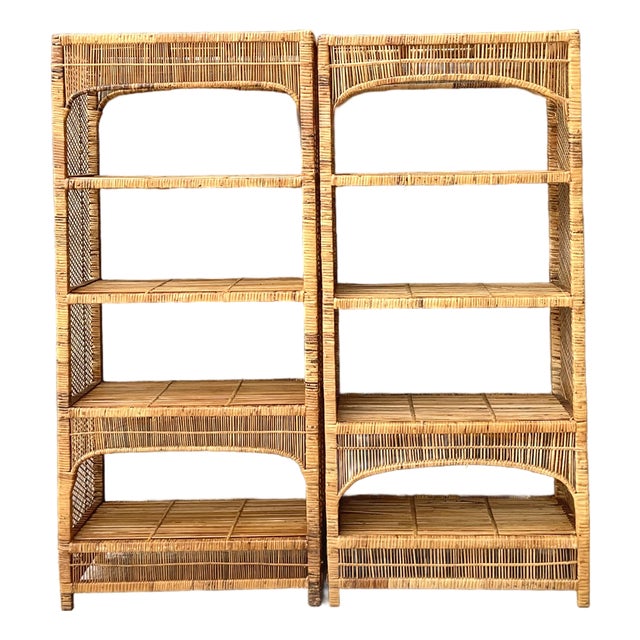 Vintage Woven Rattan Low Etagere - Set of 2 For Sale