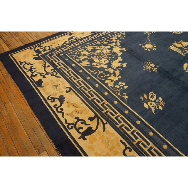 Textile 1890s Blue Field Classic Greek Key Antique Chinese Peking Rug 13' 9'' X15' 3'' For Sale - Image 7 of 10