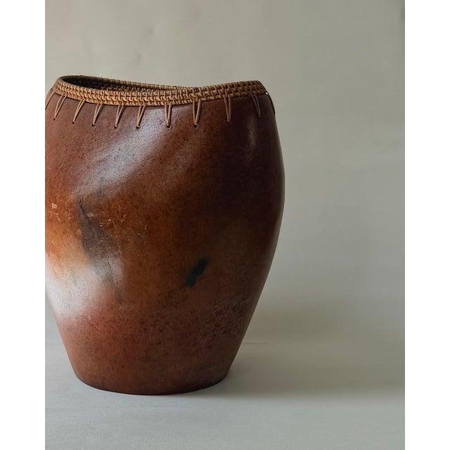 Pair of Vintage Indonesian Ceramic Vessels With Hand-Woven Rattan Rim For Sale - Image 13 of 18